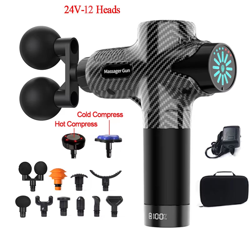 24V Professional Massage Gun with Hot and Cold Compress Electric 12Head High Frequency Fascia Gun Deep Tissue Neck Relax Fitness