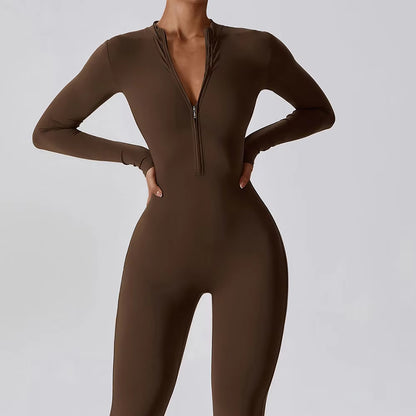 Yoga Boilersuit Long Sleeved Women'S Sportswear Gym Zipper Jumpsuits Workout High-Intensity Fitness One-Piece Skin-Tight Garment